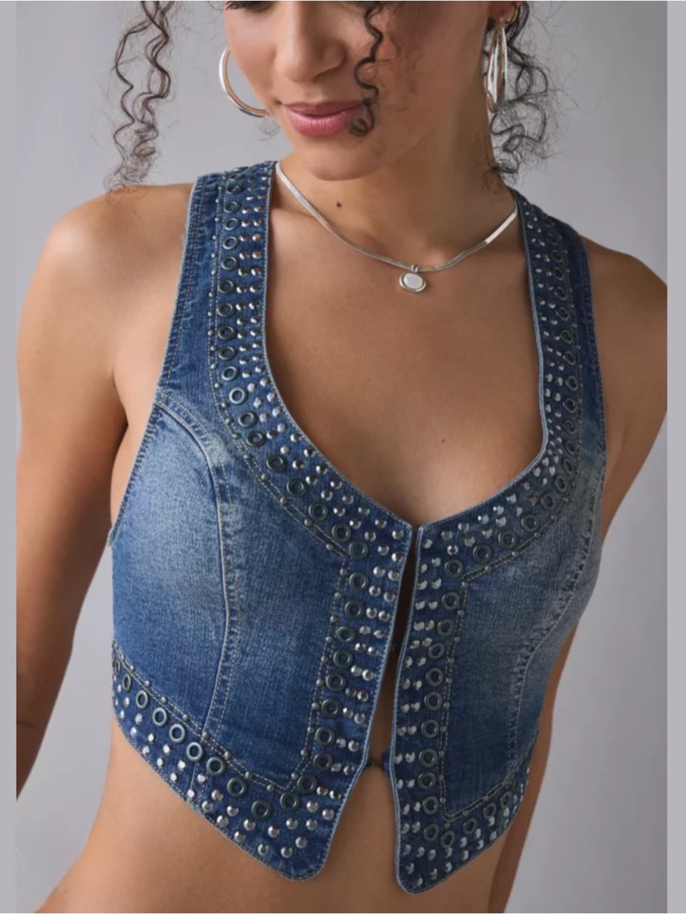 Urban Outfitters UO The Fame Studded Denim Corset Vest Top Medium Y2K